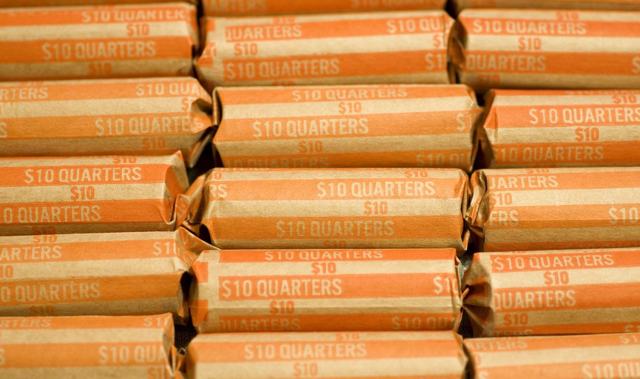 A group of wrapped quarters from above