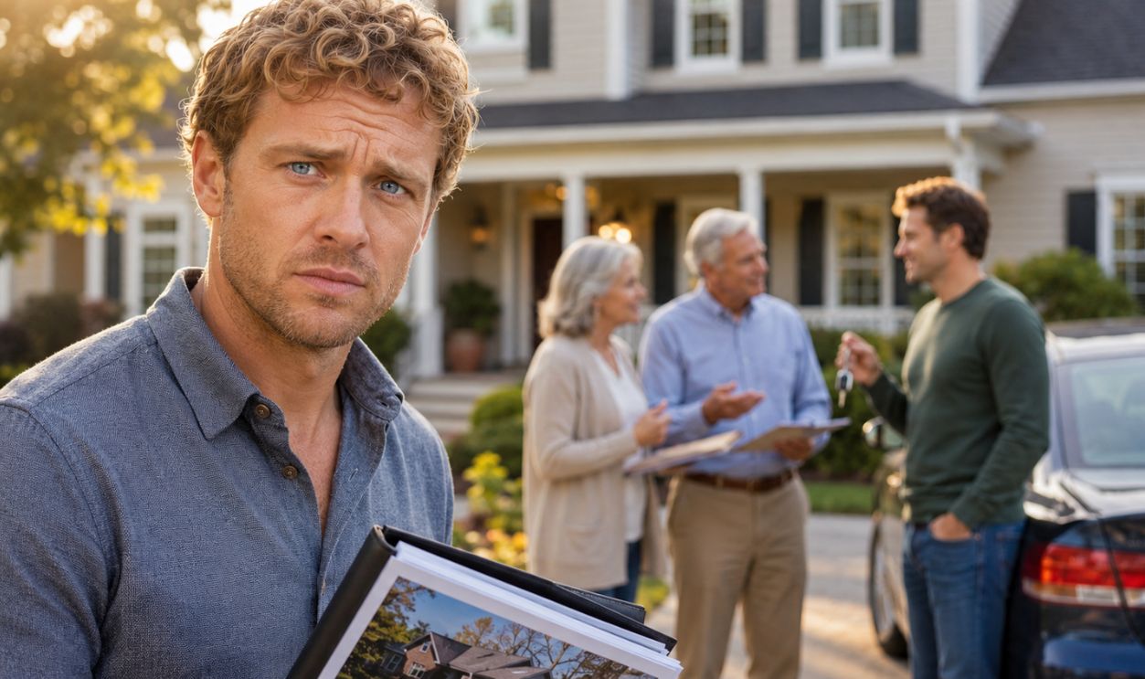 gloomy man holding a brochure; another man and elder parents in the background
