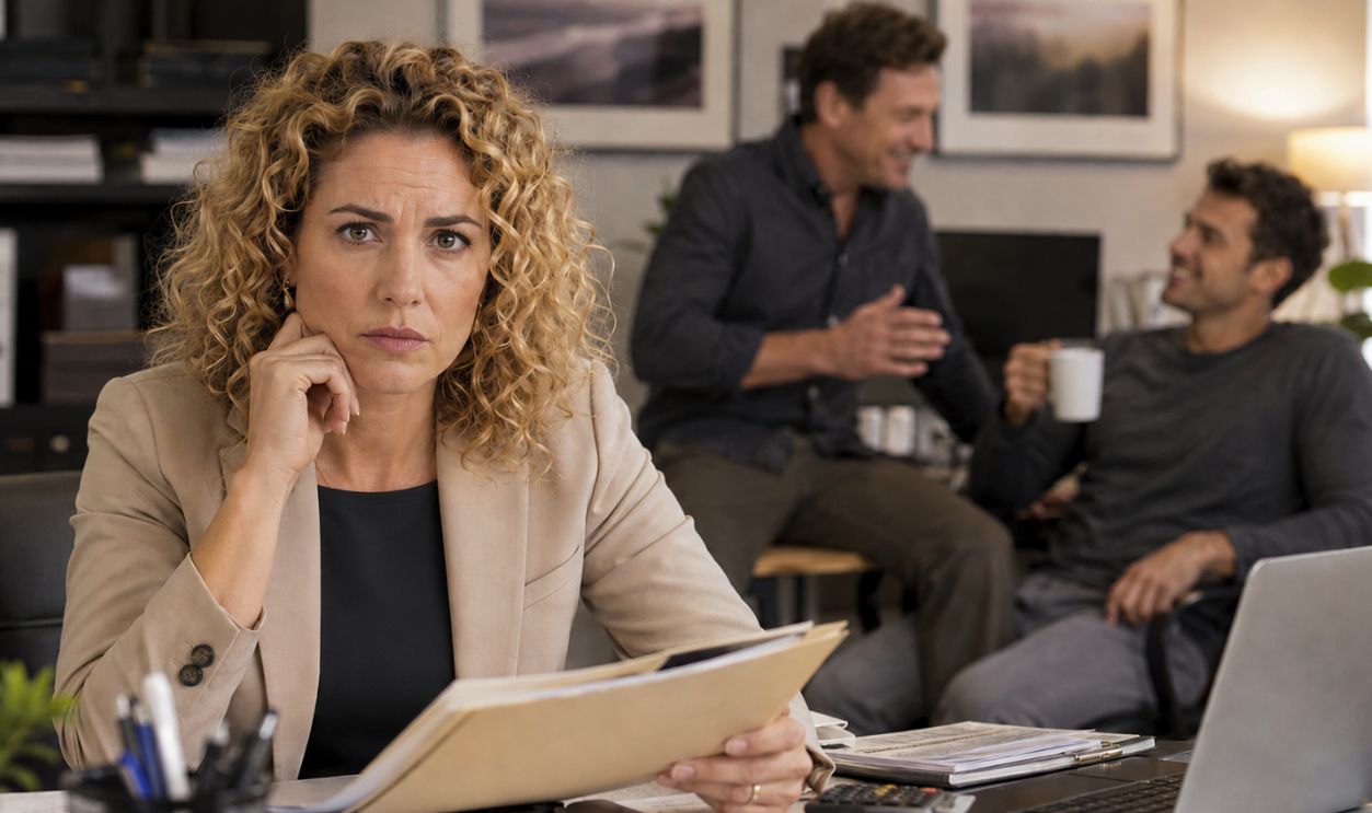 concerned woman in office, with two men chatting in the background
