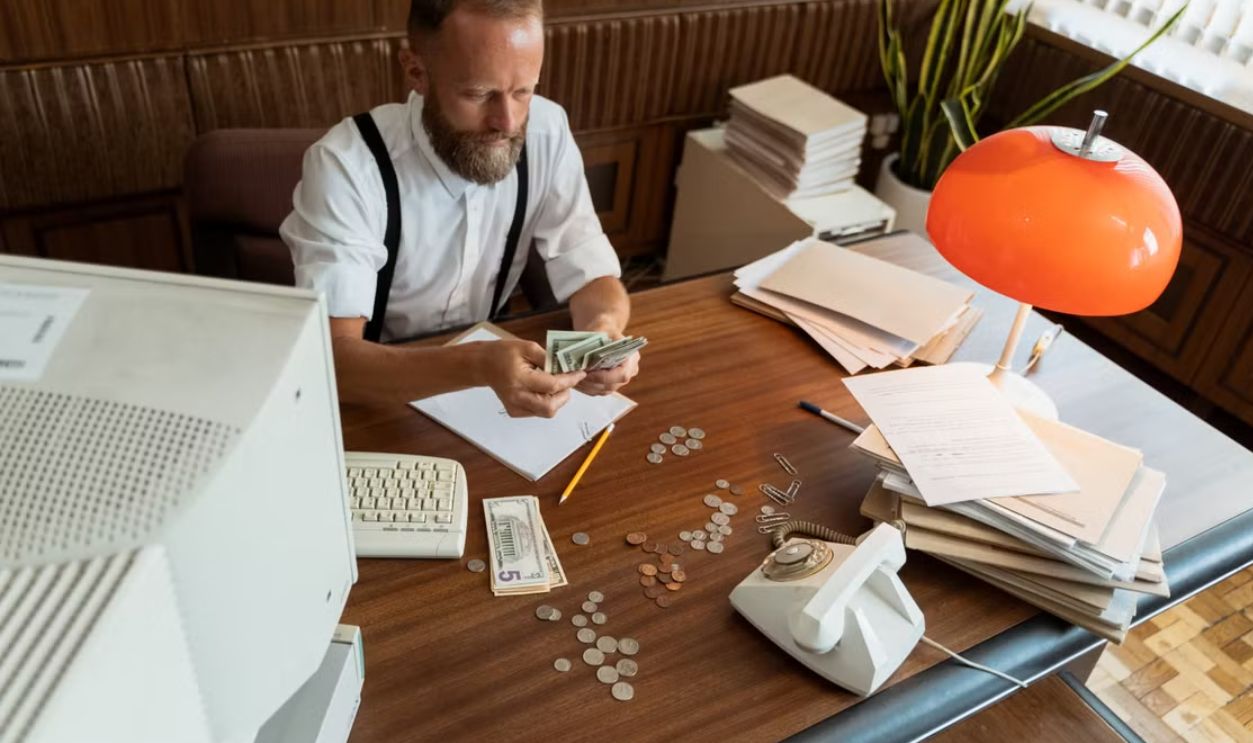 Man with beard in vintage office counting cash and coins at desk with retro computer and phone