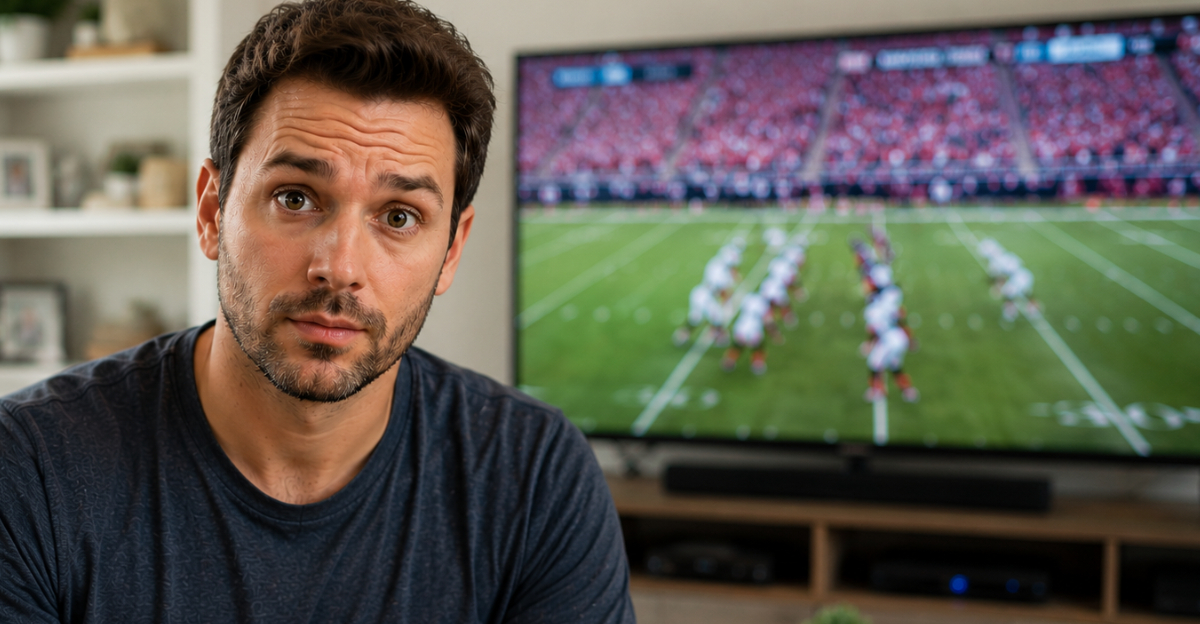 man in forground, big TV football game in background