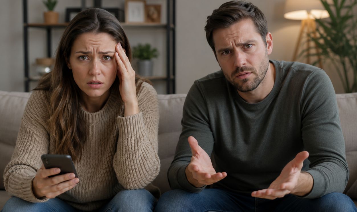Tense conversation in a cozy living room