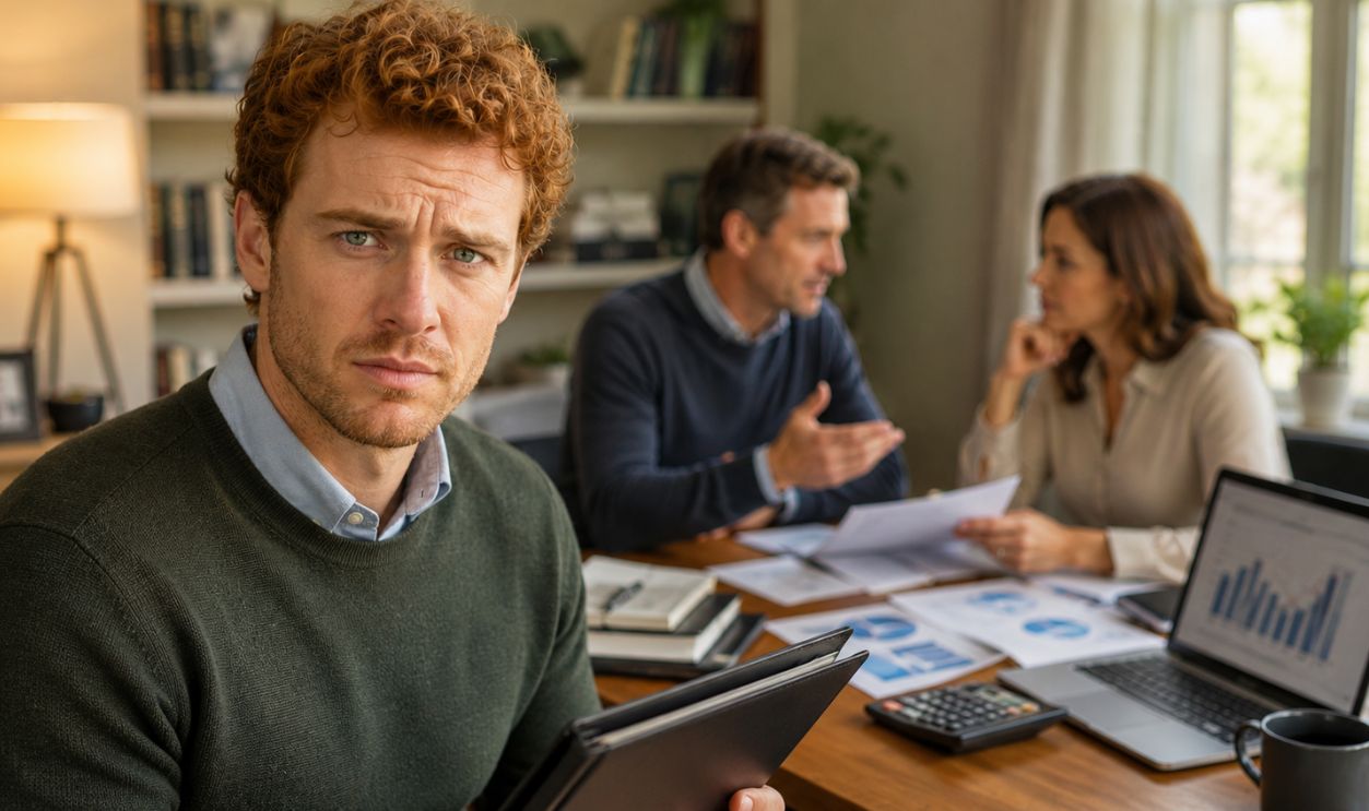confused man in foreground; focused discussion in the background