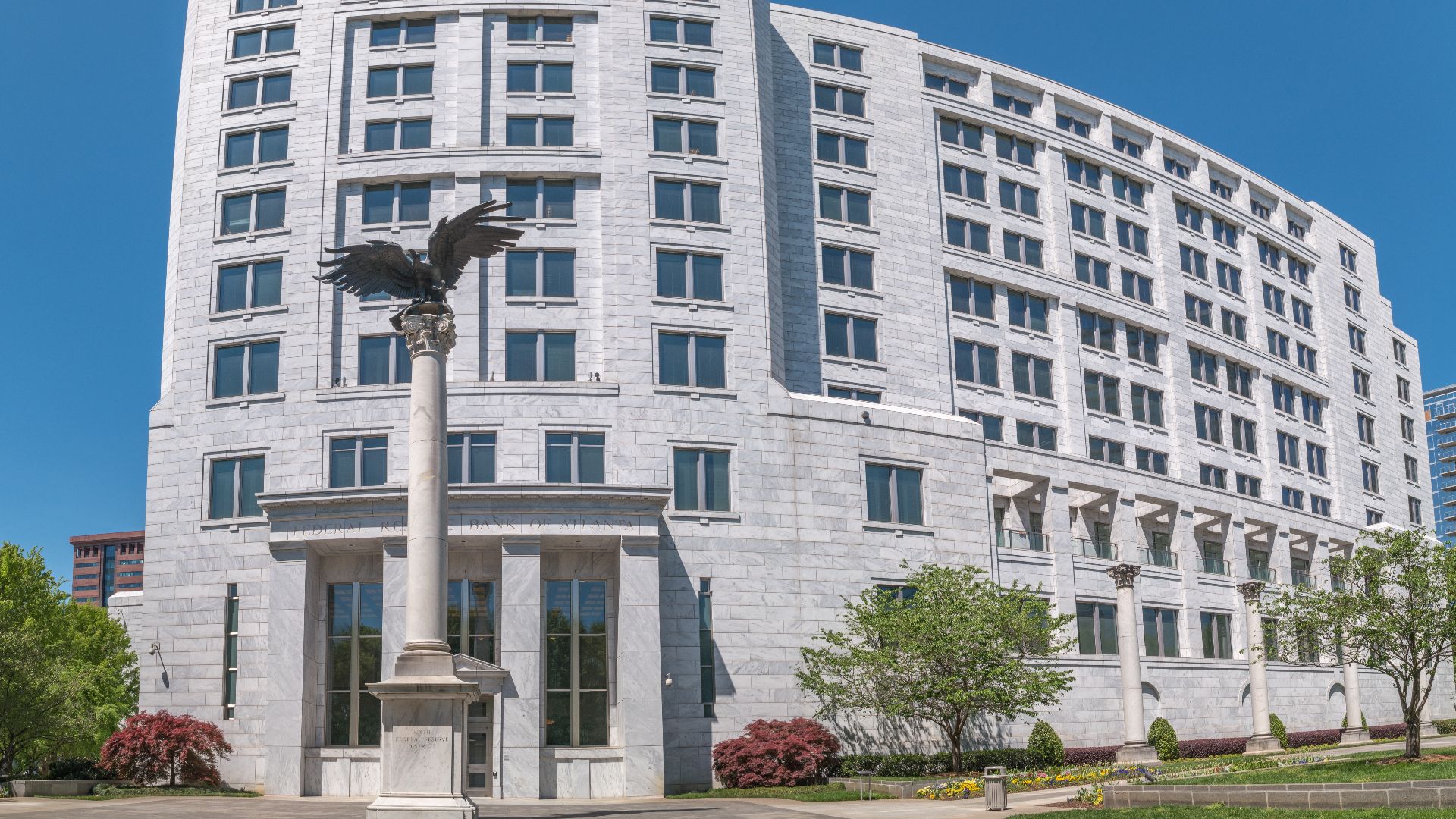 Horizontal panoramic photograph of the Federal Reserve Building of Atlanta in midtown Atlanta, composed of seven individual frames stitched together as a spherical projection.
The building, completed in 2001, replaced the Bank's 1964 headquarters on Marie