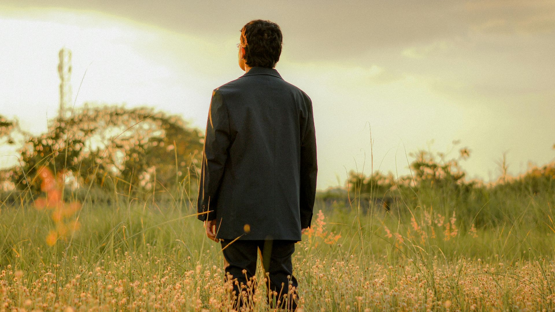 A man in a black jacket stands in a grassy field at sunset, evoking a sense of reflection.