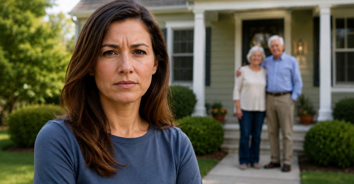 AI-generated image of a woman standing in front of house, elderly couple