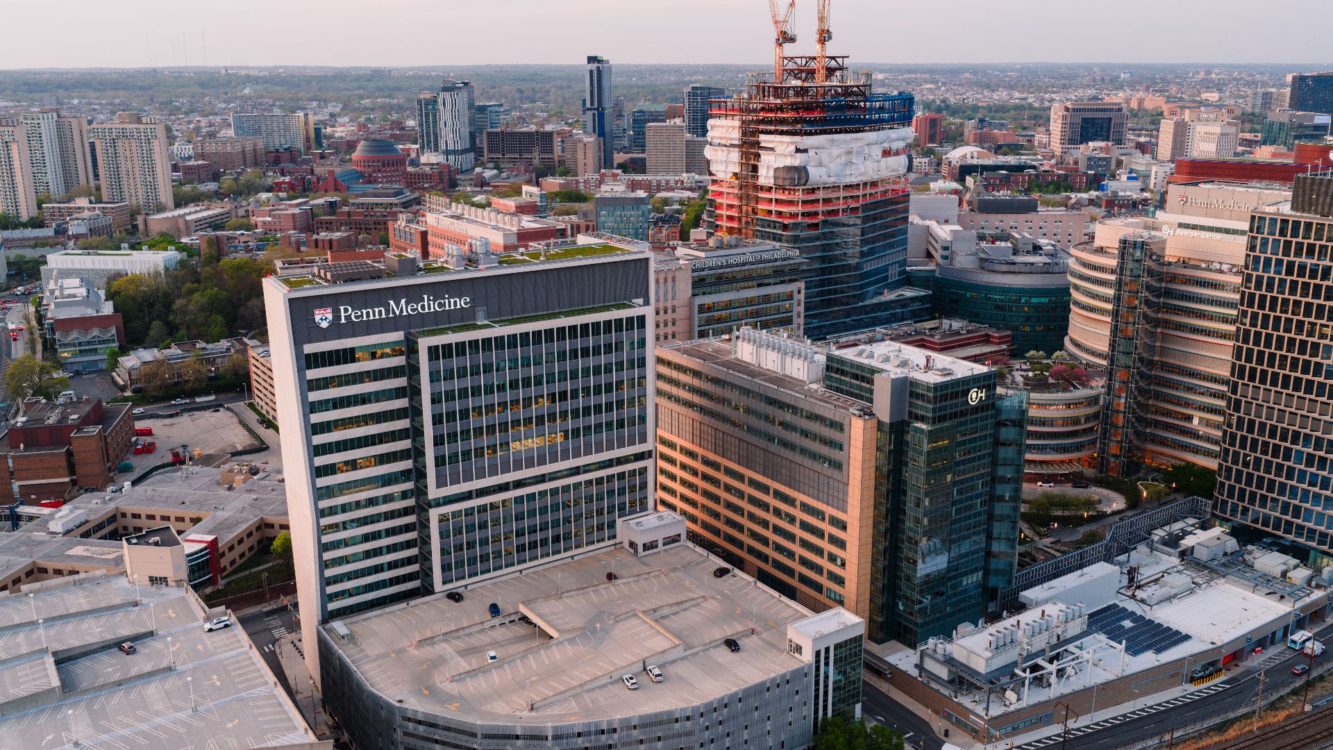 Aerial view of Penn Medicine and surrounding architecture in downtown Philadelphia during daytime.