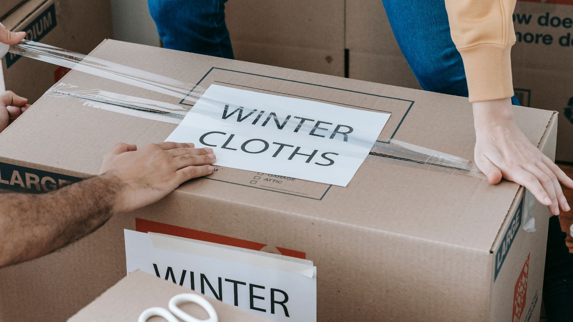 Close-up of hands packing a box labeled 'Winter Clothes' for relocation, emphasizing organized moving.