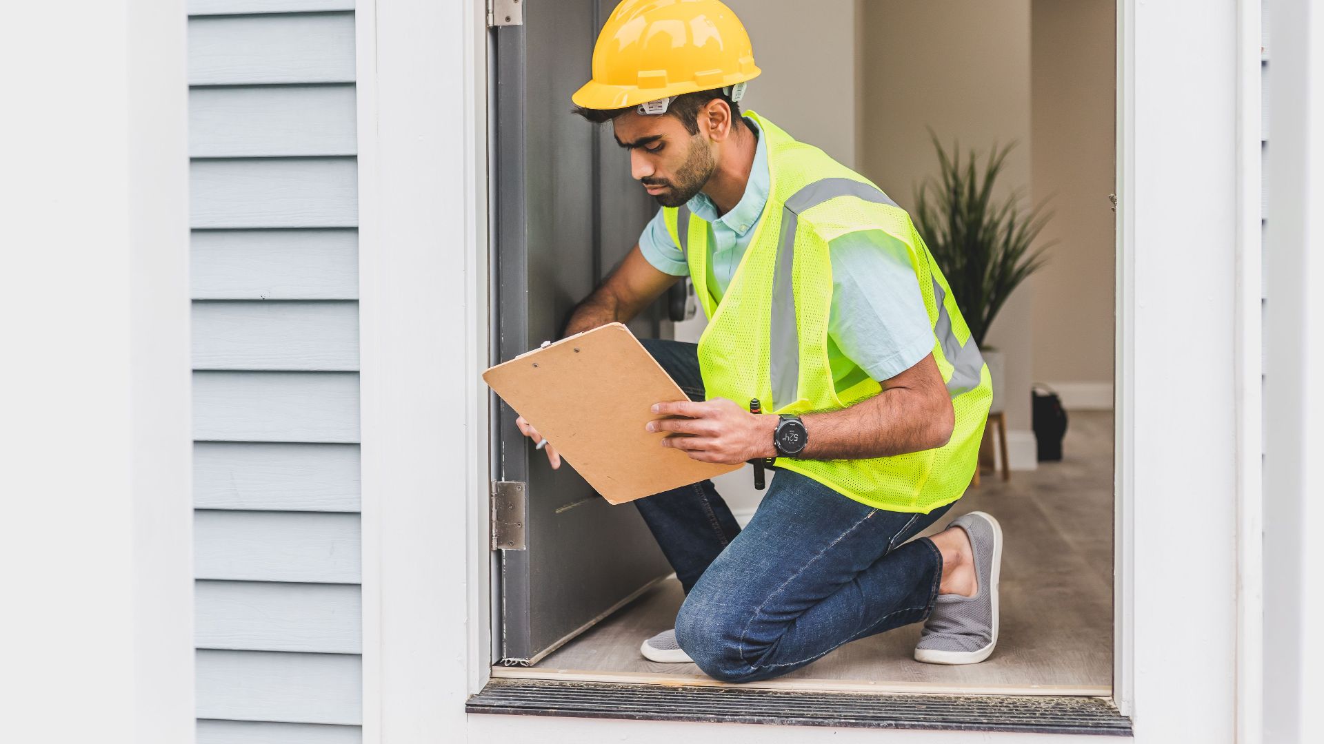 A home inspector wearing safety gear examines a house interior for safety compliance.