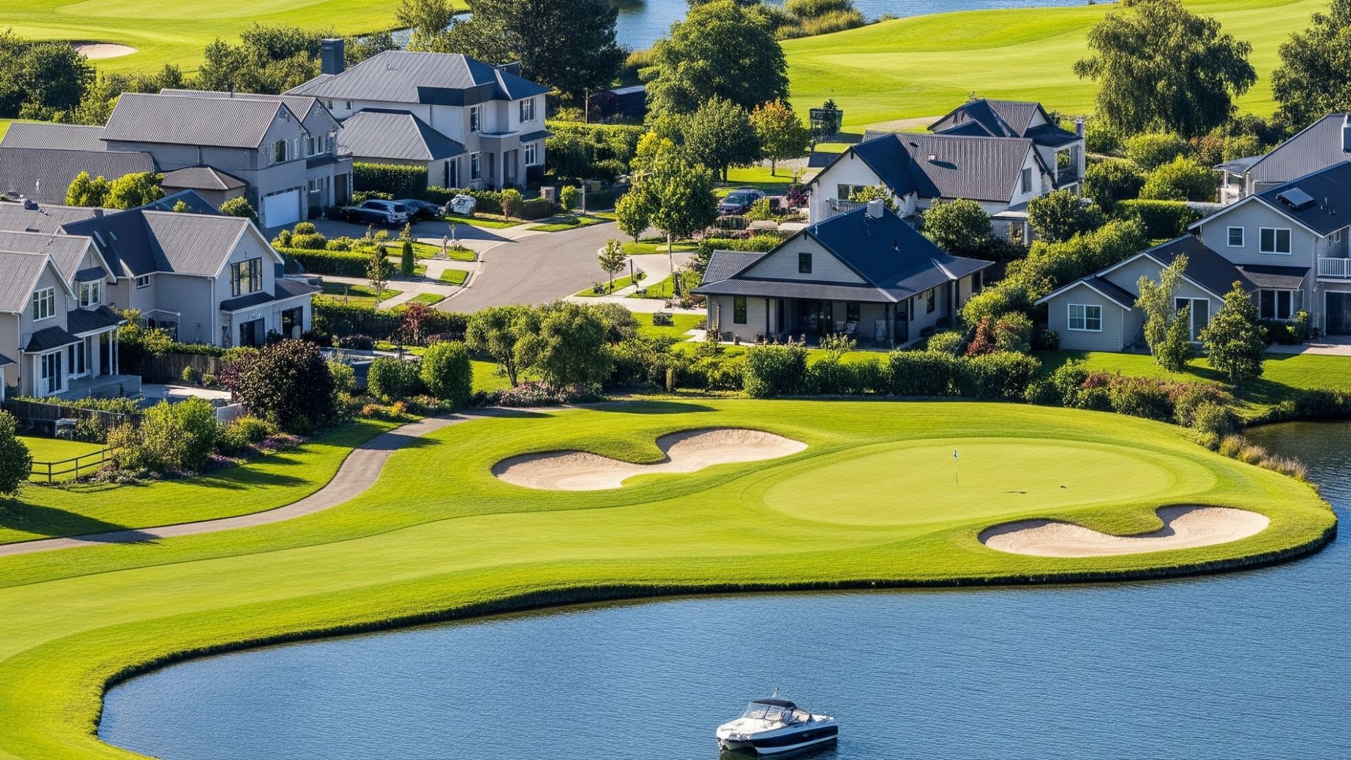 Scenic aerial view of upscale homes and a lush golf course by a lake.