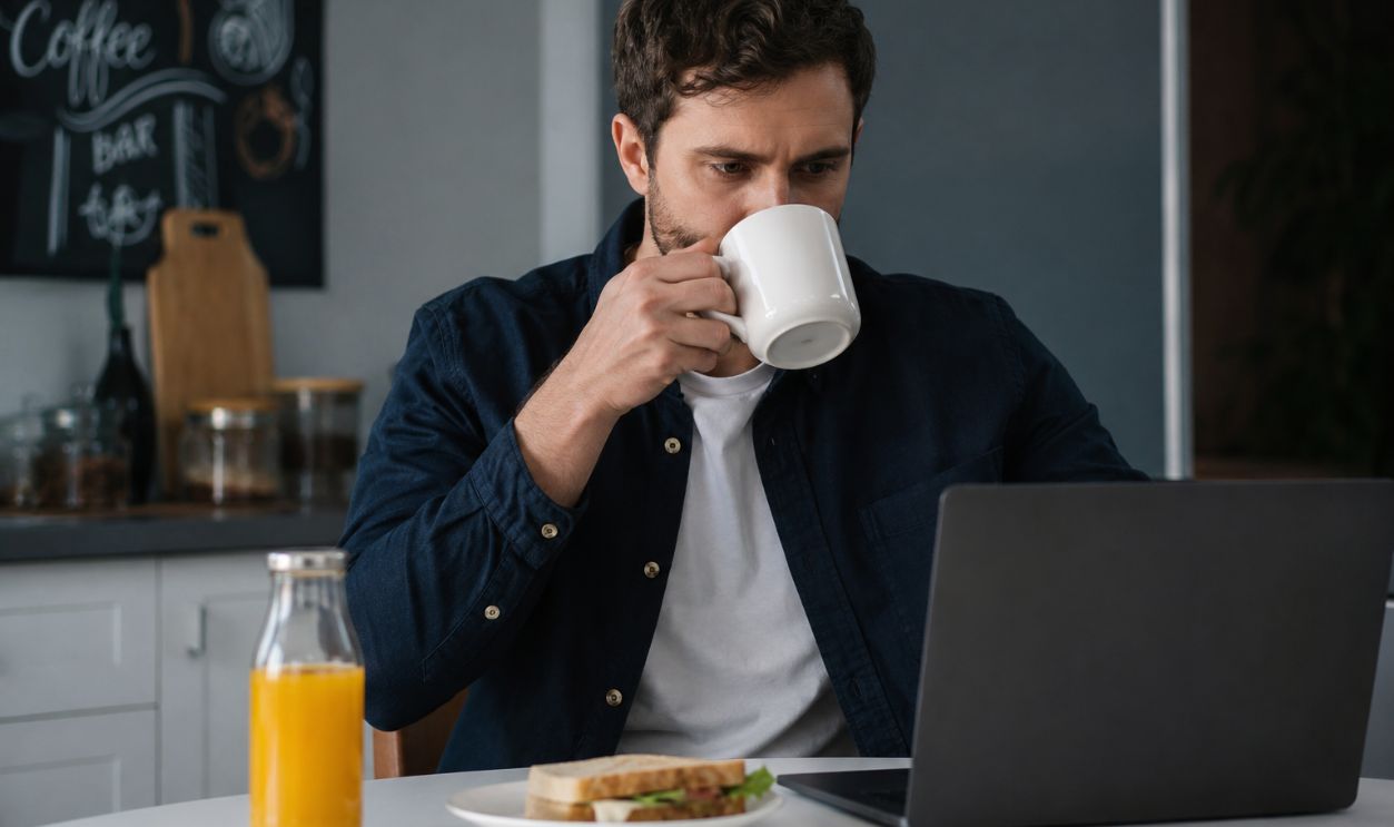 Focused morning work in a modern kitchen