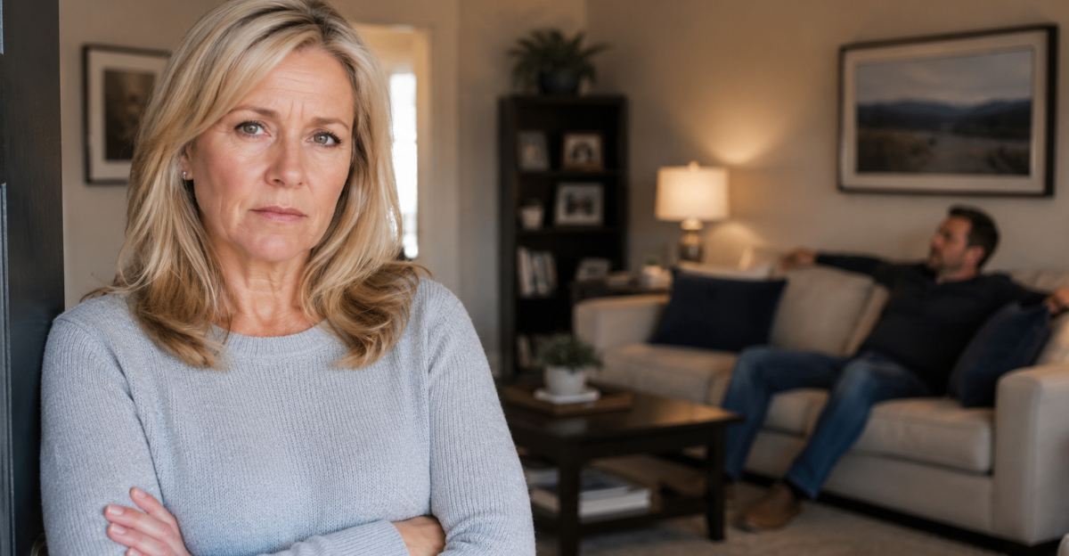 Angry older woman in house, man sitting on couch in background