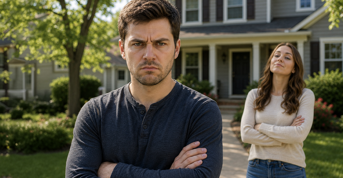 Annoyed man standing in front of a house with a woman