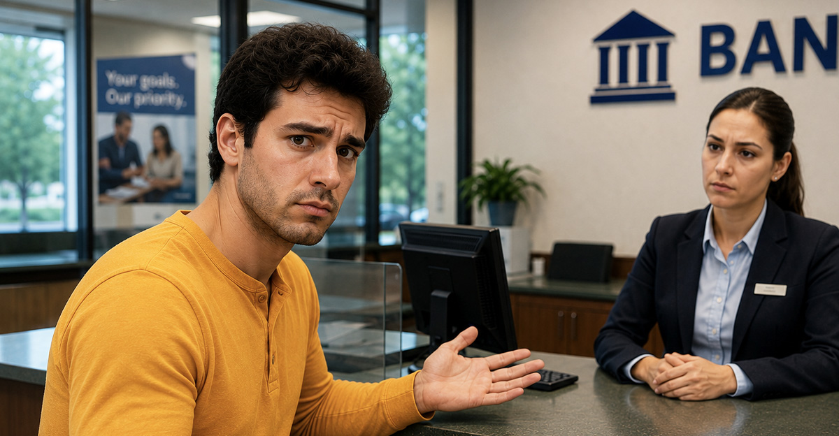 AI-generated image of a man being denied a bank account.
