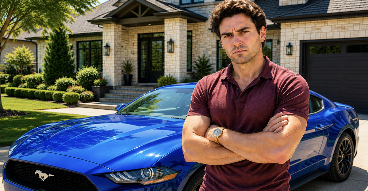 AI-generated image of a man worried about an error on the financing paperwork for his new car.