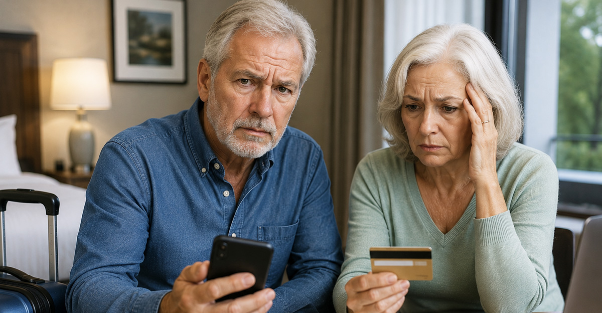 AI-generated image of a couple worried about a travel scam.