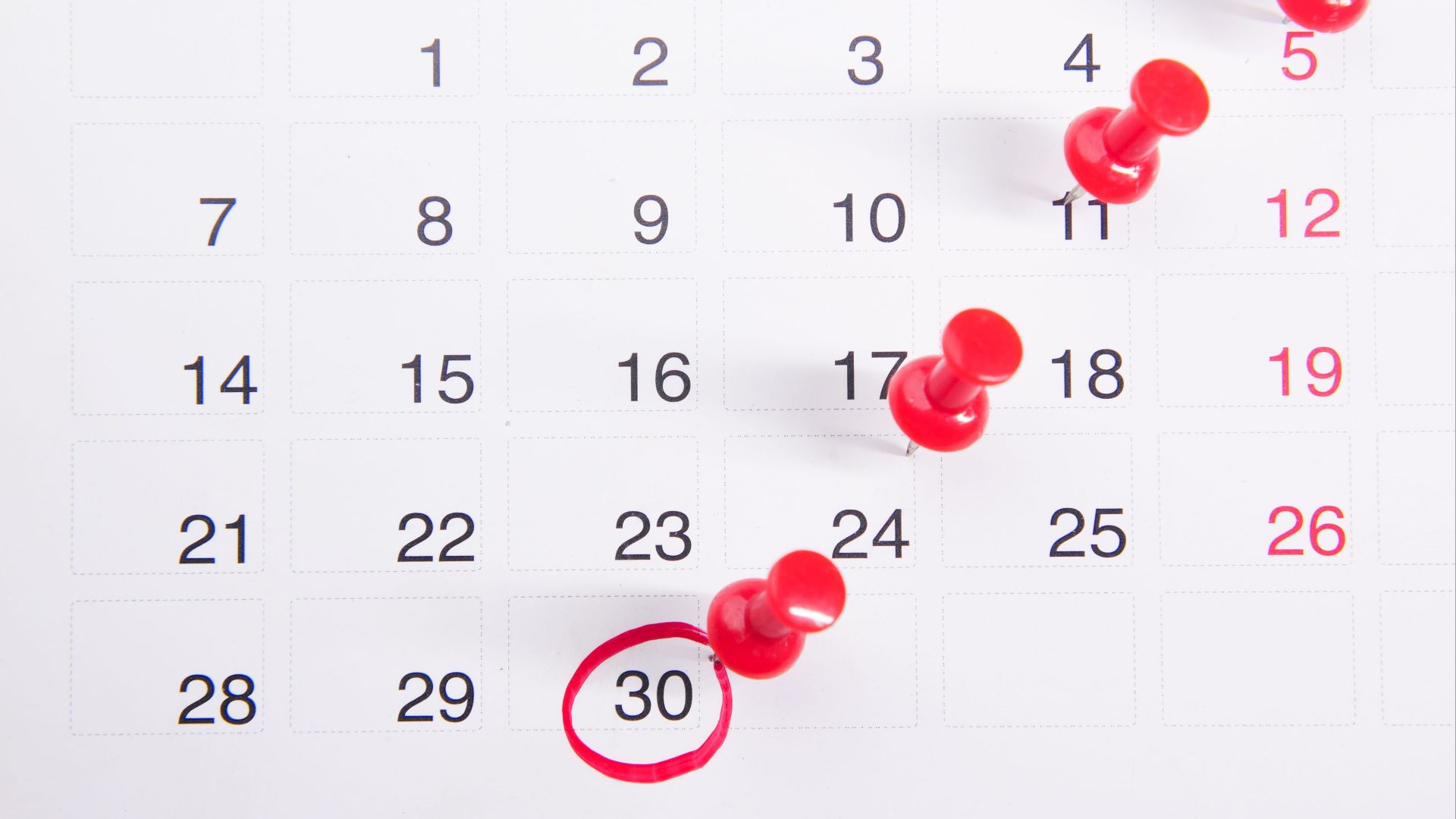 Close-up of a calendar with red push pins marking important dates, emphasizing deadlines.