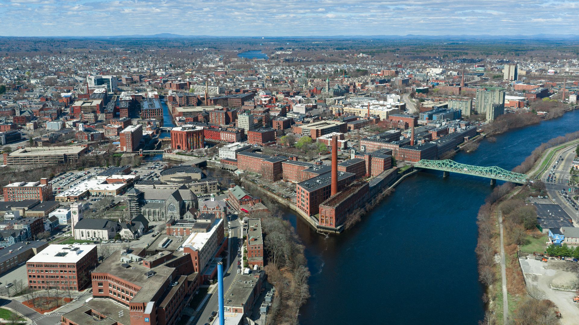 Aerial view of downtown Lowell, Massachusetts (pop. 115,554). In the 1800's the city became known as the cradle of the American Industrial Revolution because of its textile mills and factories.