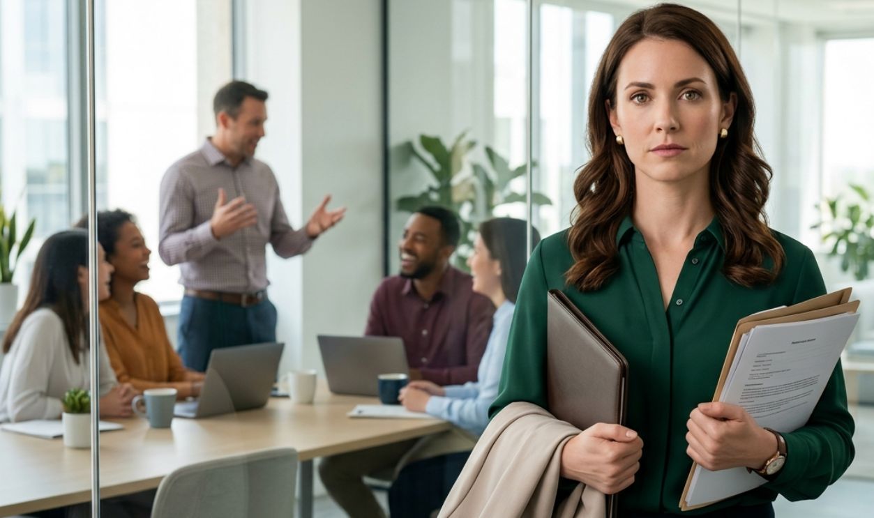 woman masking her sadness; her colleagues laughing in the background