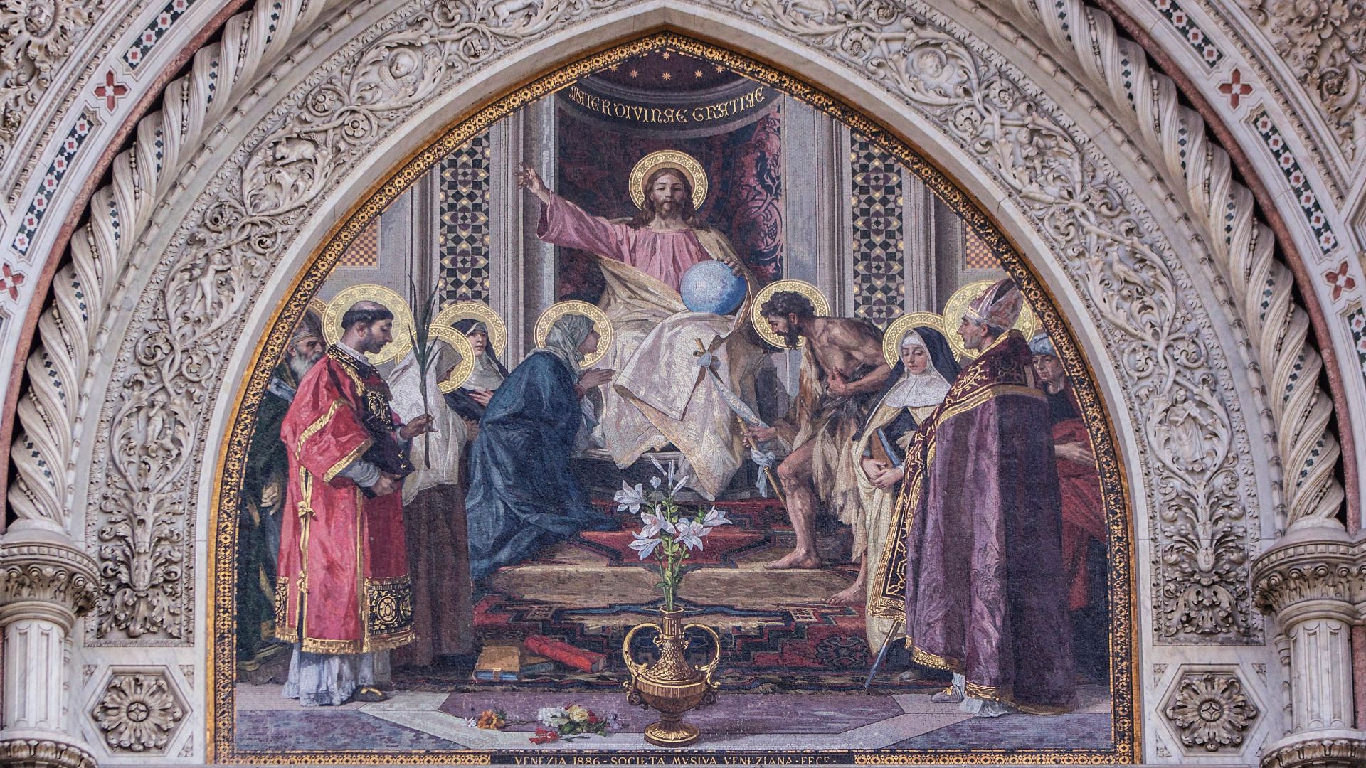 Detailed view of a religious mosaic in Florence, Italy's cathedral.