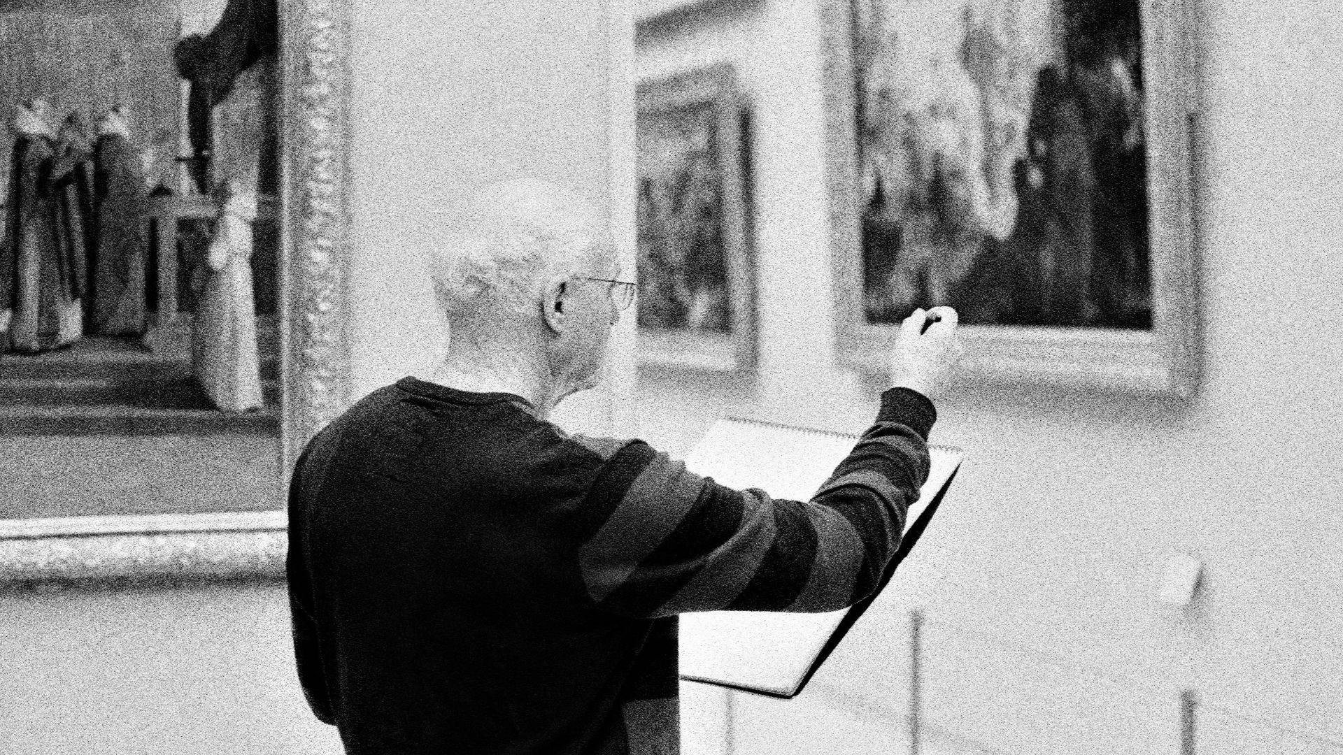 An elderly man sketching paintings in a museum, capturing art details.