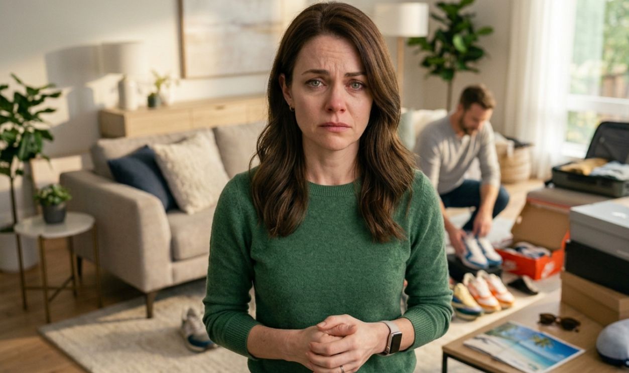 disappointed woman with a man counting his sneaker collection