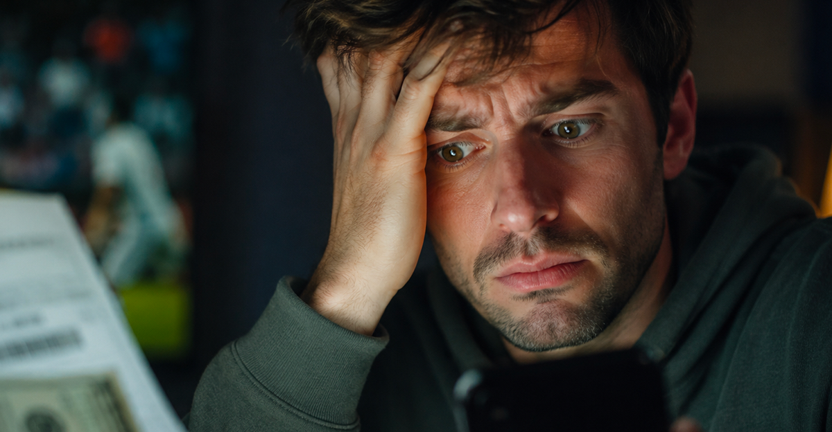 Worried man looking at phone at night