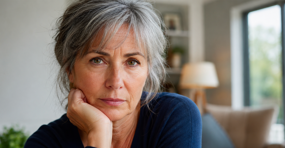 Concerned, grey haired woman around retirement age