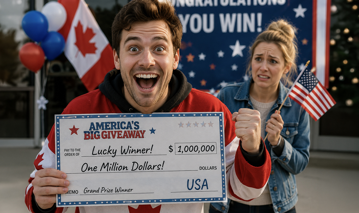 An excited Canadian holding contest winnings