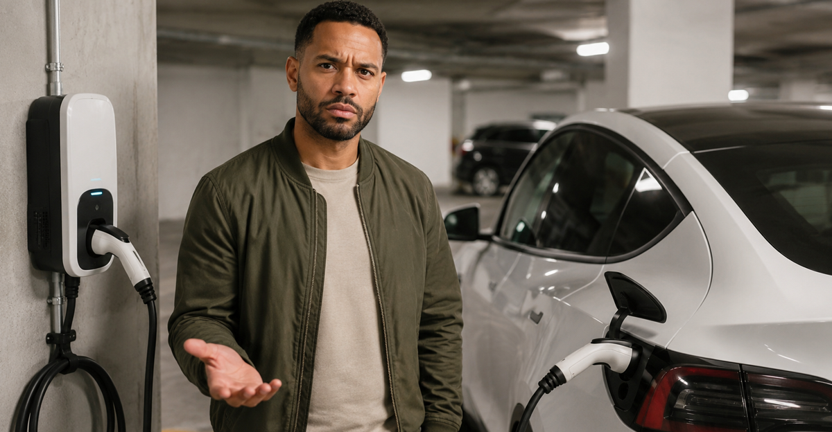 AI-generated image of Black man standing next to EV in parking garage