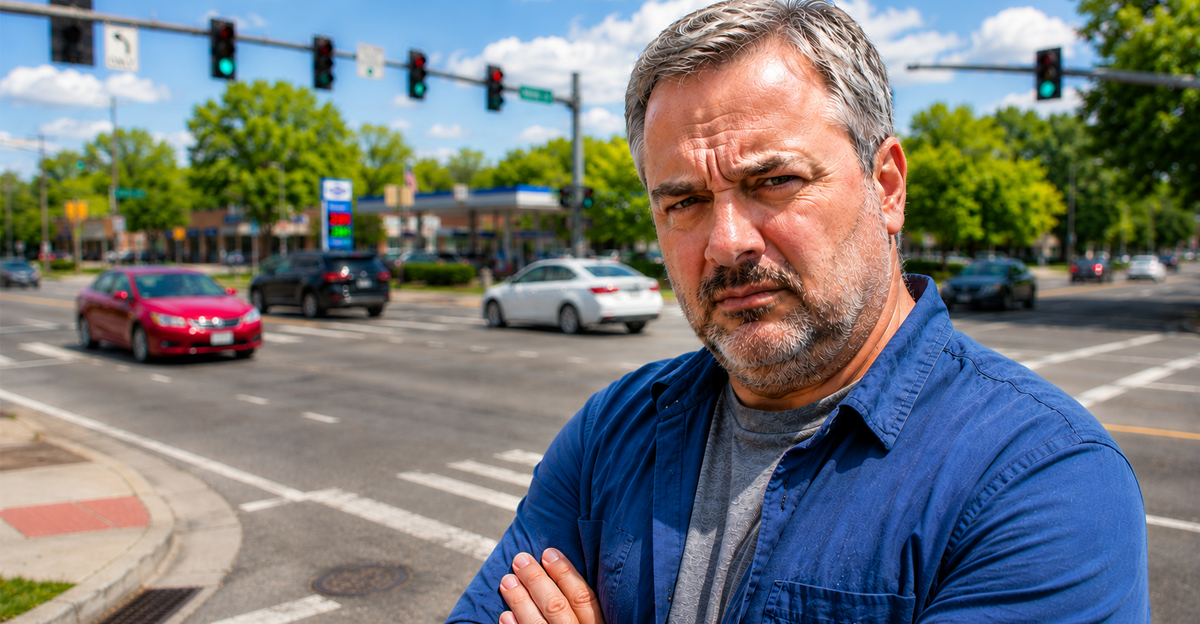 AI-generated image of white man standing at busy intersection