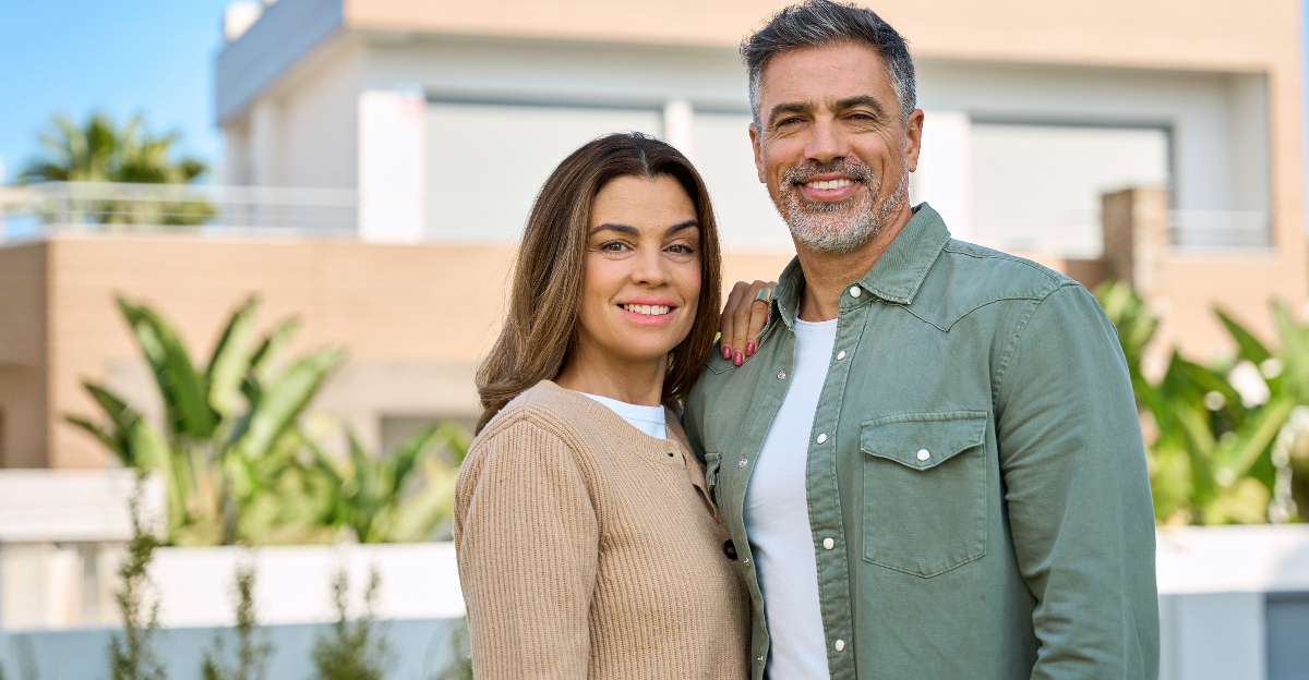 Happy smiling mature older family couple new property buyers
