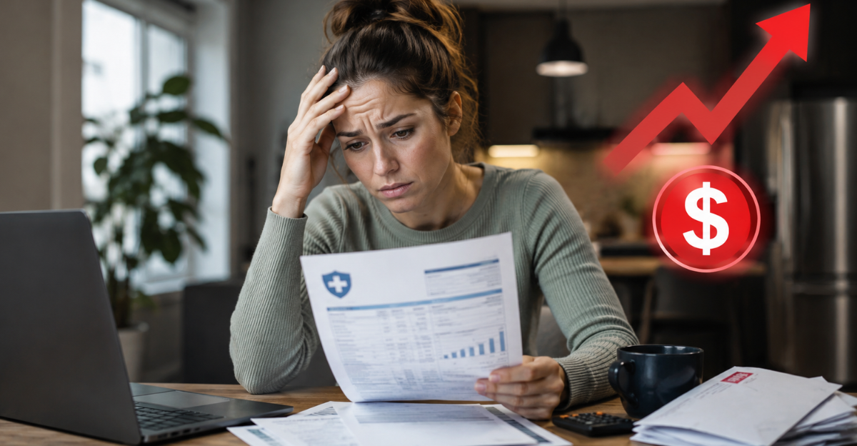 worried woman looking at bills increase