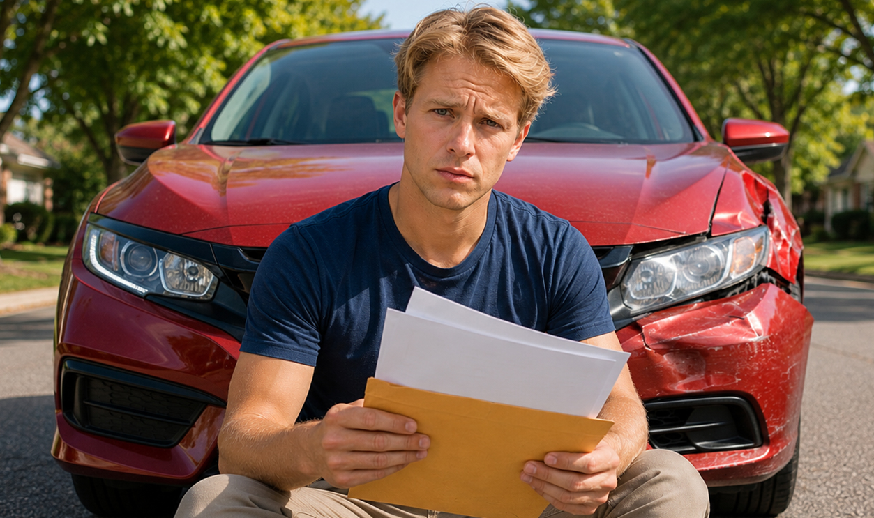 AI-generated image of a man worried about his insurance claim after a car accident.
