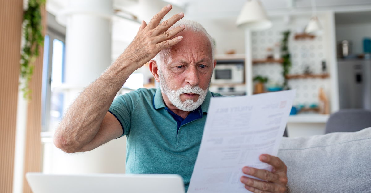 Worried senior man reading utility bill and using laptop at home.