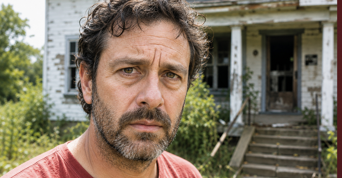 Worried man in front of a house.