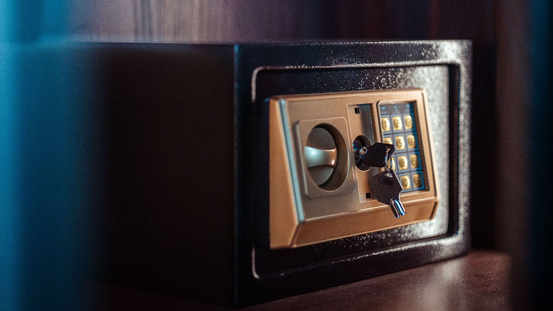 Close-up image of an electronic safe with a key in Baghdad, Iraq.
