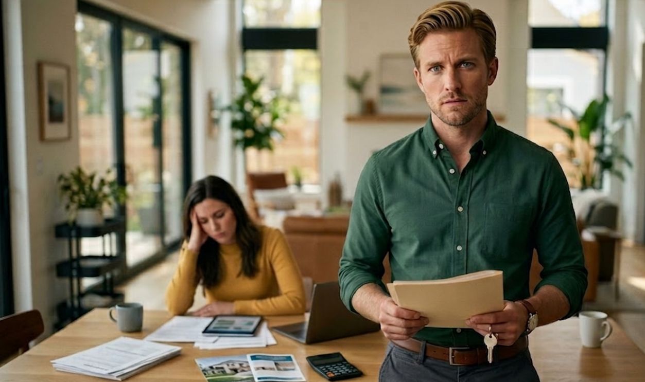 man in dilemma standing in a living room with documents; a stressed woman in background