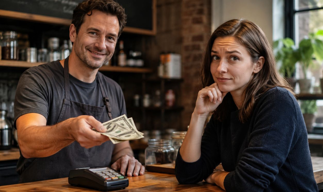 Friendly exchange at the cafe counter