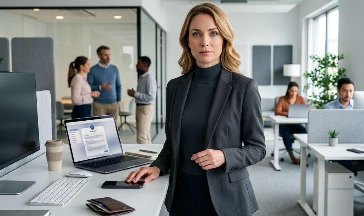 woman in office with colleagues in background