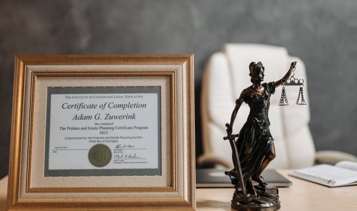 A framed legal certificate and Lady Justice figurine on a desk in a law office setting.
