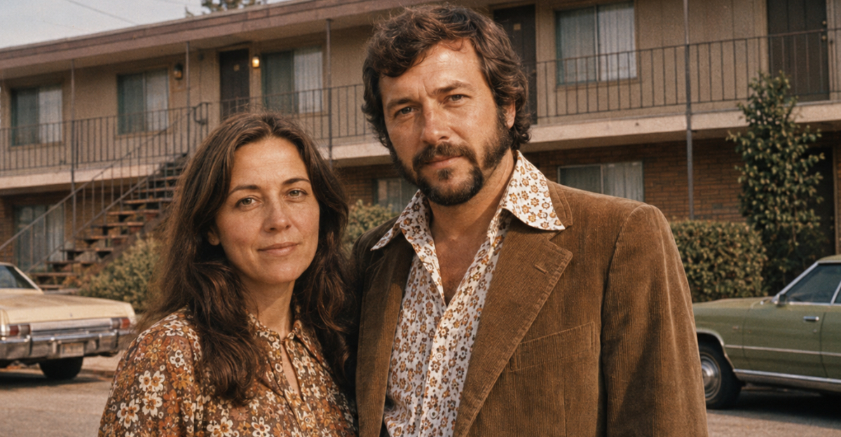 1970s couple in front of apartments