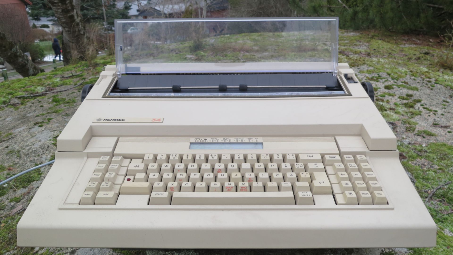 1980s Hermes 34 electric typewriter. Ca 60*47*17 cm and 14 kg. Serial number 02302240.