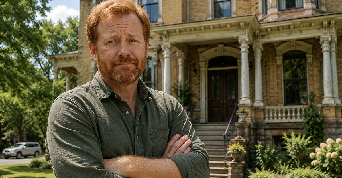 AI-generated image of a man standing in front of his inherited historic property.