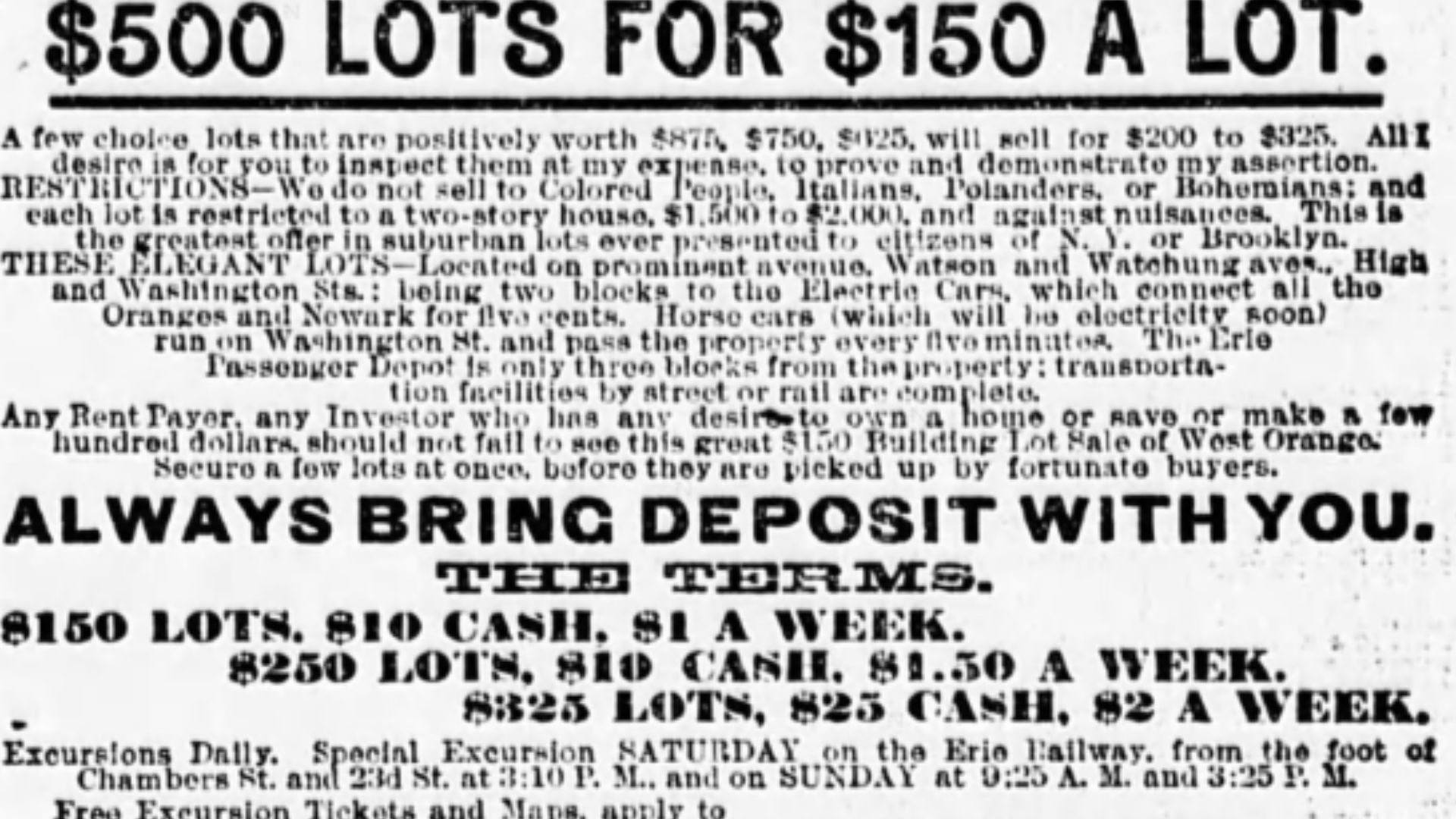 Advertisement for housing sold by William H. Moffitt in West Orange, New Jersey. The ad says
