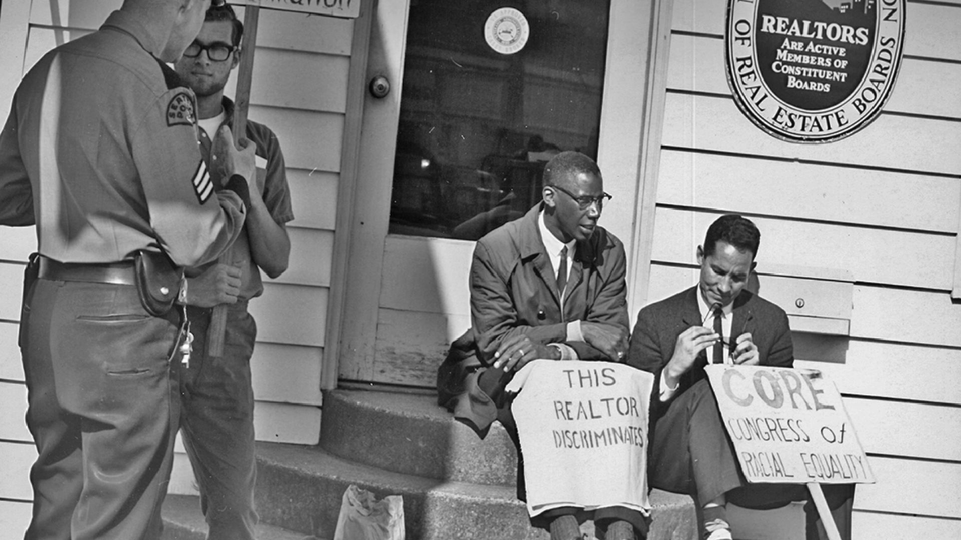 Fair housing protest, Seattle, Washington, 1964. Confronting racial discrimination in housing sales. CORE-sponsored demonstration at realtor office of Picture Floor Plans, Inc. Picture Floor Plans, Inc. had more than one location, but this would probably 
