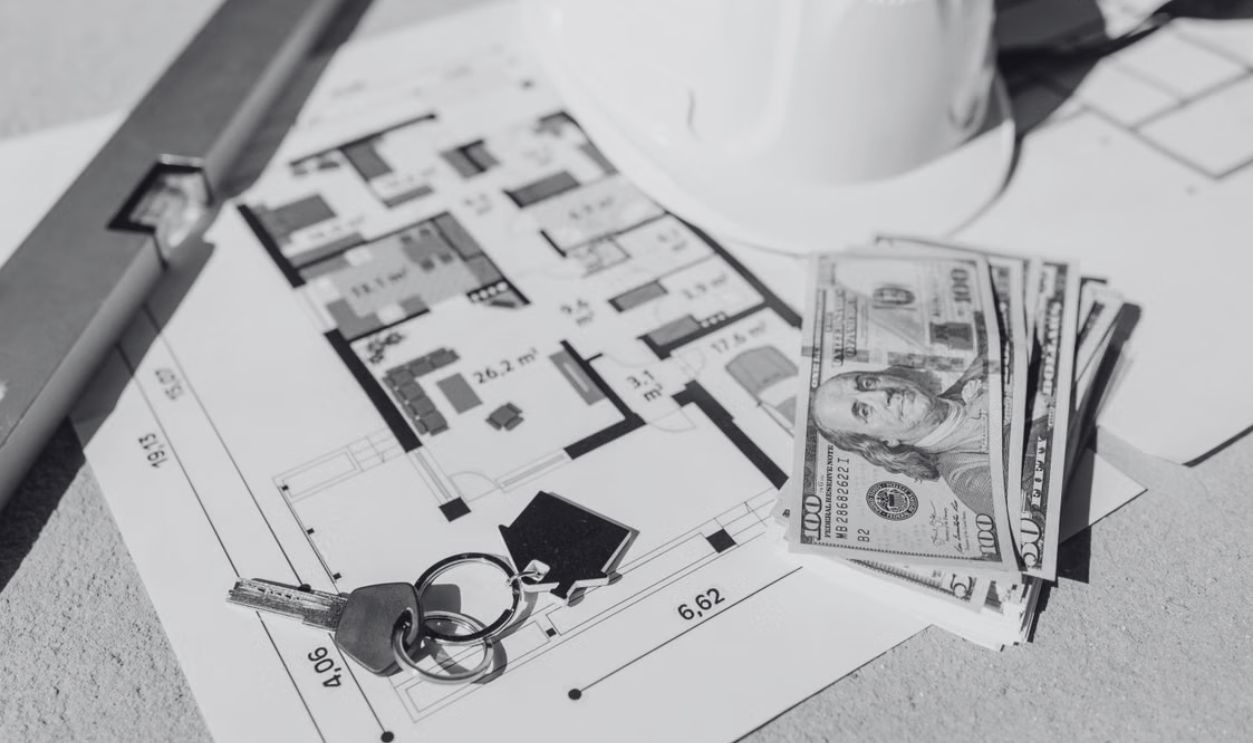 Floor plan with cash, keys, and hard hat symbolizing real estate investment and property planning