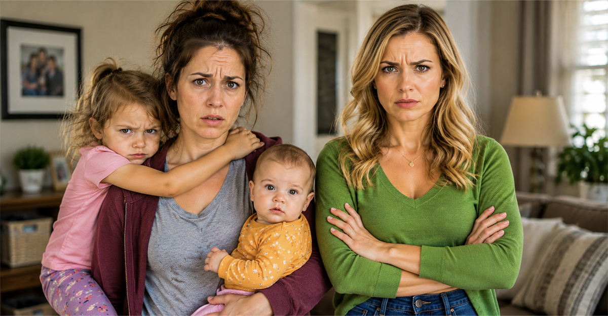 Two concerned women with children