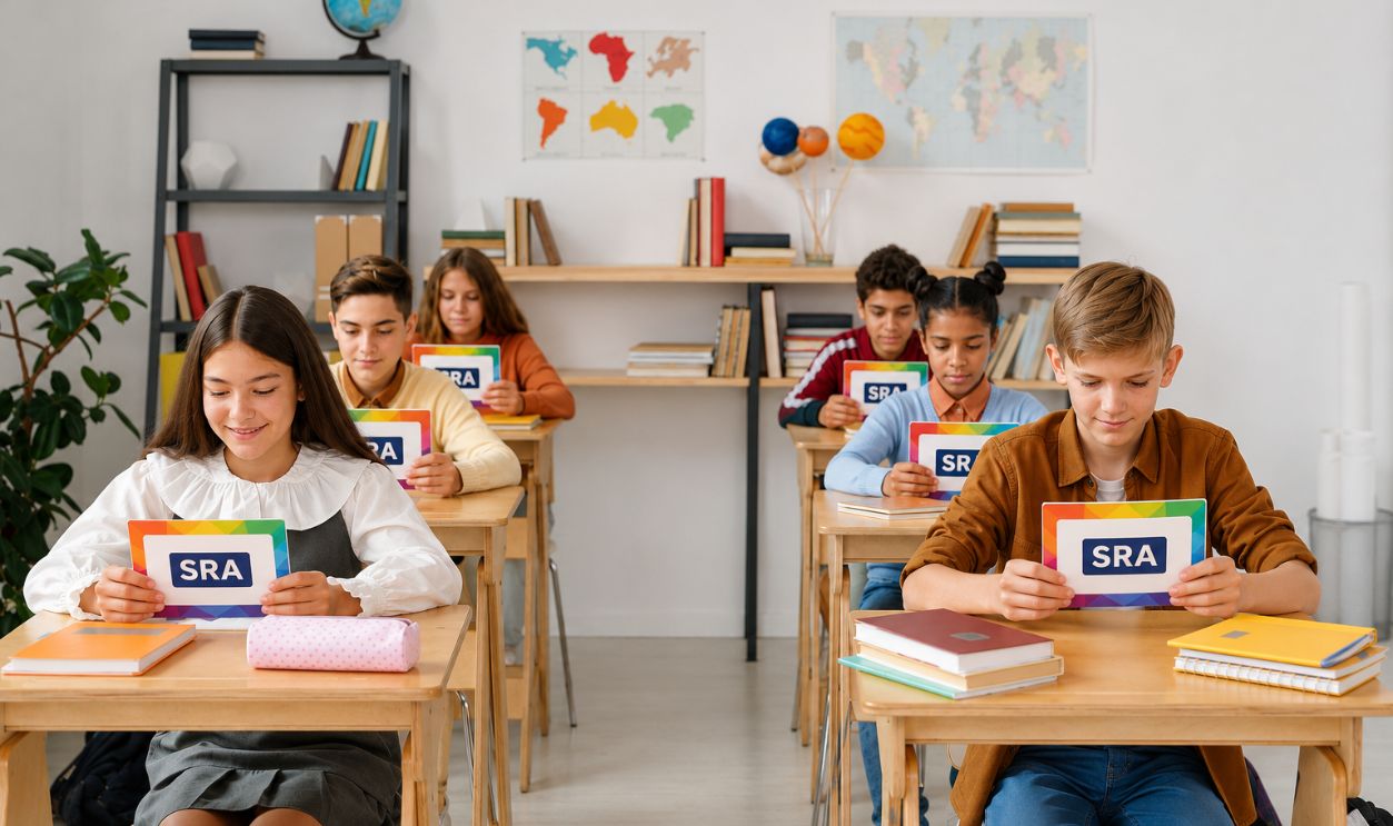 students reading SRA cards