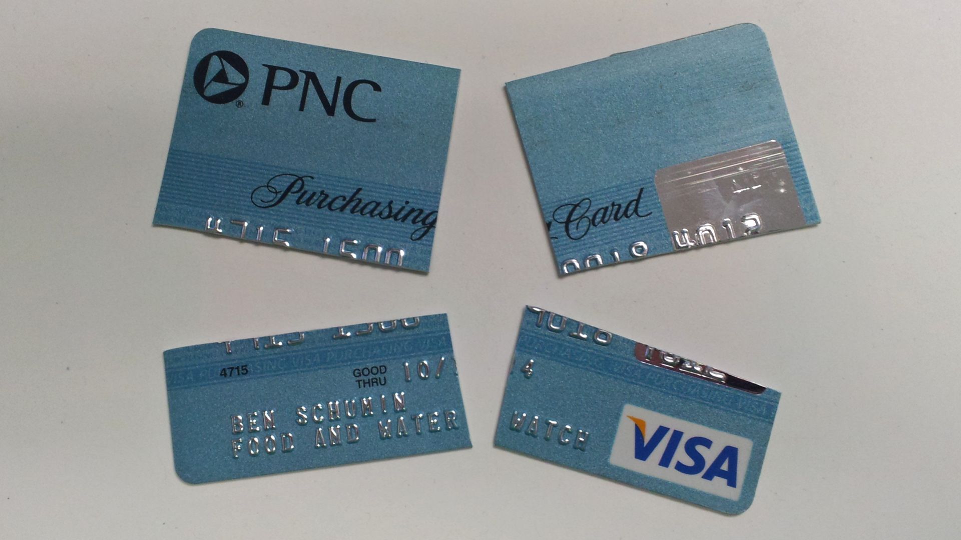 A corporate credit card issued by PNC bank is cut up on my last day of employment with Food & Water Watch on July 19, 2013.

Ben Schumin is a professional photographer who captures the intricacies of daily life.  This image may be used under Creative Comm
